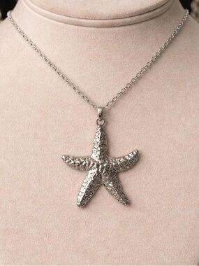 Textured Starfish Pendant Necklace - Silver Color